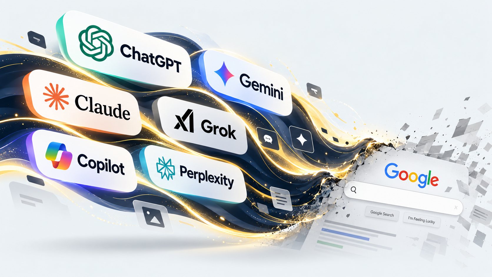 AI assistants including ChatGPT, Gemini, Claude, Grok, Copilot and Perplexity sweeping past a crumbling Google search box